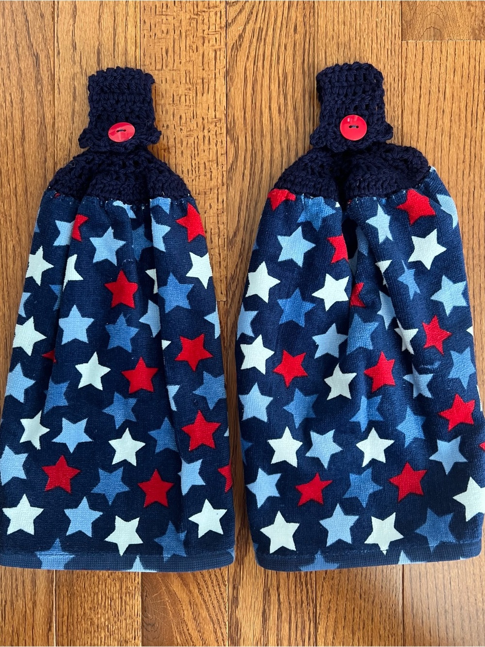 Crocheted Top Star-Print Hanging Kitchen Towels- Navy, Red & White